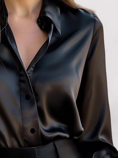 Belbo | Women's Elegant Black Satin Long Sleeves Blouse