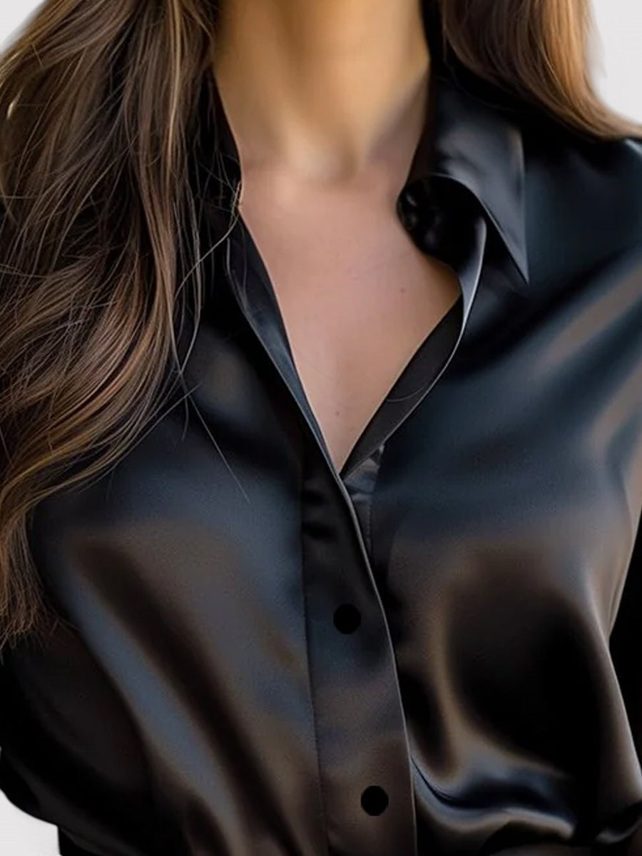 Belbo | Women's Elegant Black Satin Long Sleeves Blouse