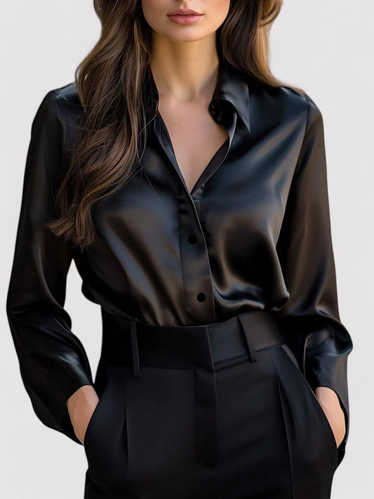 Belbo | Women's Elegant Black Satin Long Sleeves Blouse