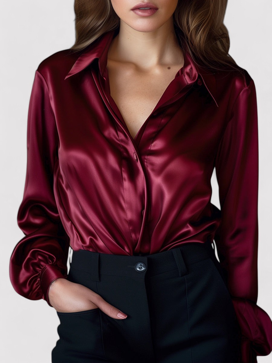 Belbo | Women's Elegant Black Satin Long Sleeves Blouse