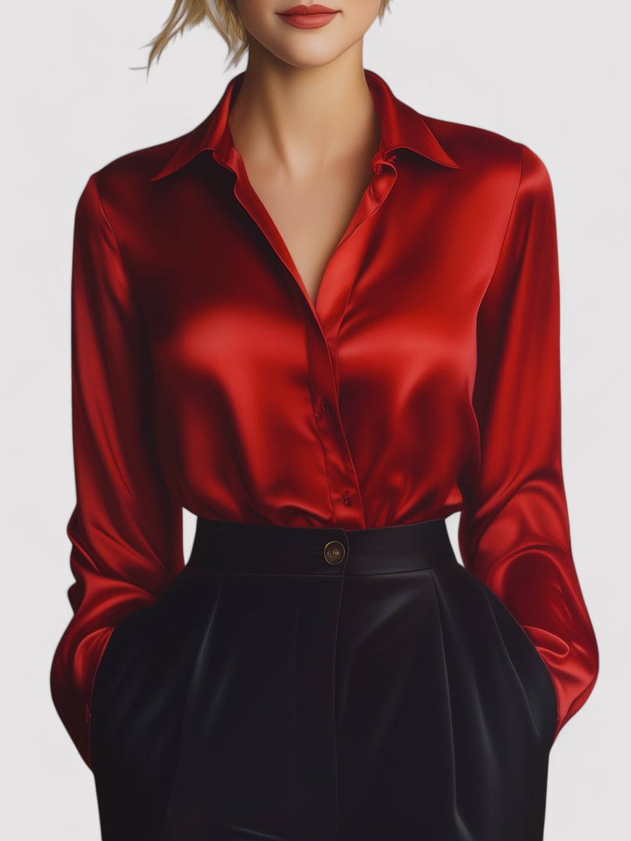 Belbo | Women's Elegant Black Satin Long Sleeves Blouse